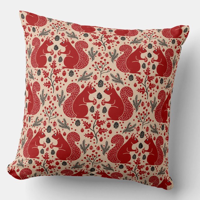 Ekorre Skogsmarkmönster Kudde (Squirrels in the Forest woodland art throw pillow)