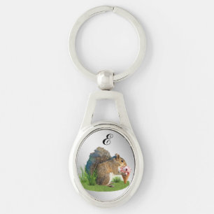 Ekorre som äter glasskotten, Monogram Ovalt Silverfärgad Nyckelring
