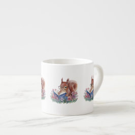 Ekorre som läser en bok, boende i blommor espressomugg