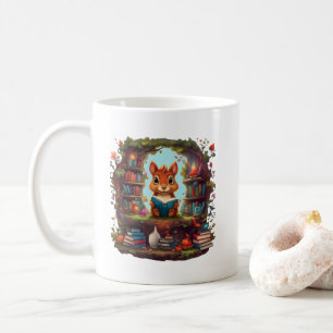 Ekorre som läser på en gammaldags bokhylla kaffemugg