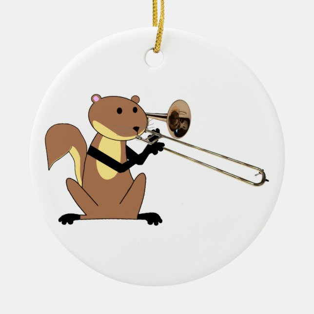 Ekorre som leker trombonen julgransprydnad keramik (Framsidan)