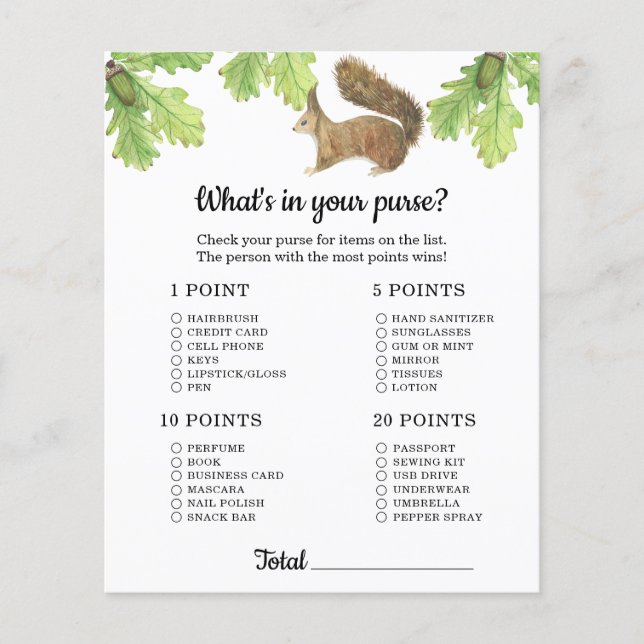 Ekorre - Vad har du i handväskan baby shower spel (Framsida)