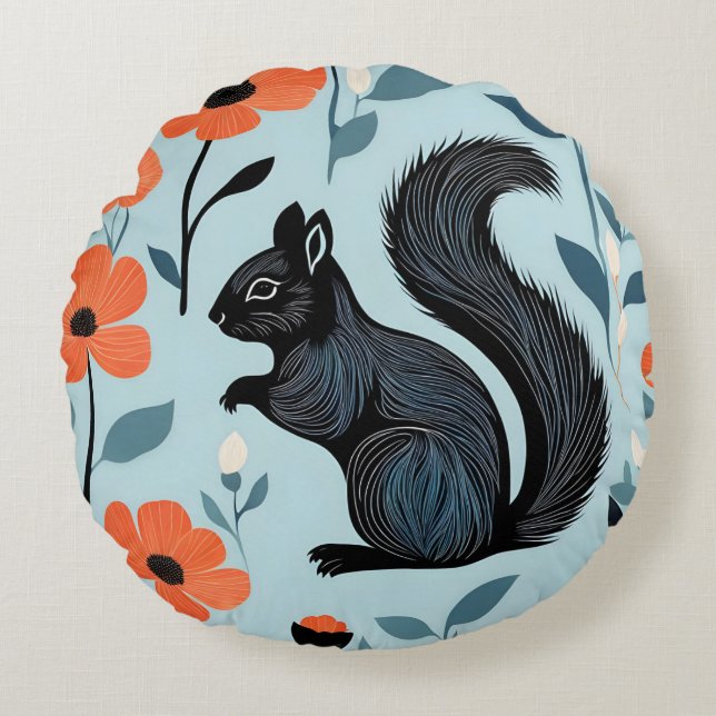 Ekorre Vårblommor Konst  Rund Kudde (Framsidan)