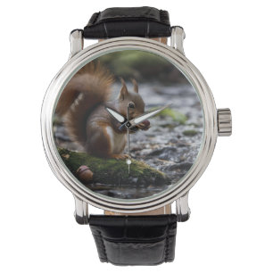ekorre vid floden som äter en akorn, armbandsur
