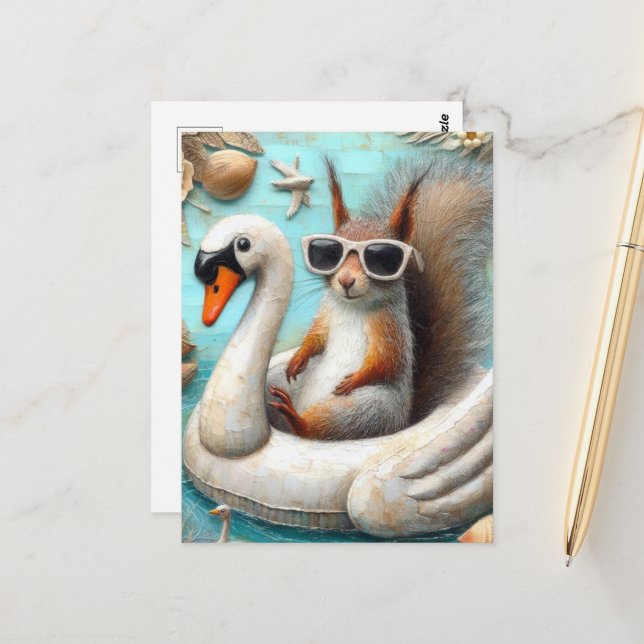 ekorren Flyter Svan Funny Cute Vykort (Fram/Back In Situ)