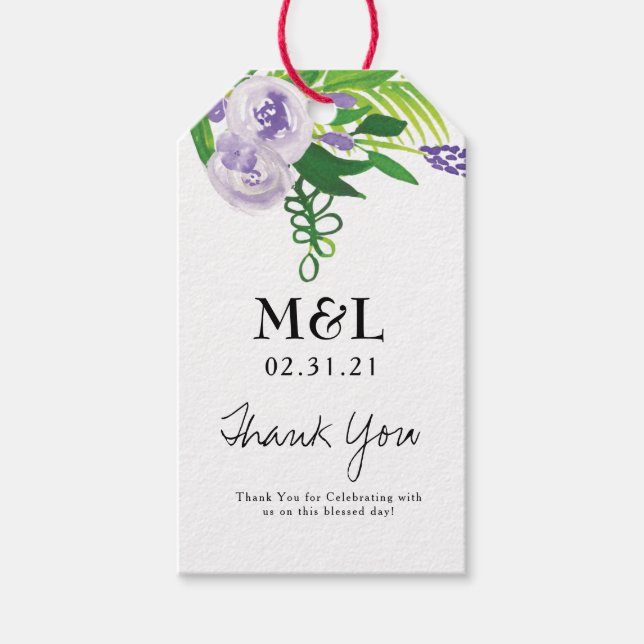 Ekovänlig Bröllopsvattenfärg Violetta Blommor Presentetikett (Framsidan)