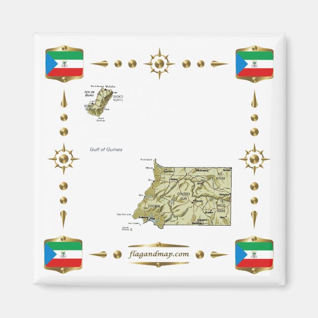 Ekvatorialguinea Karta + Flaggor Magnet (Framsidan)
