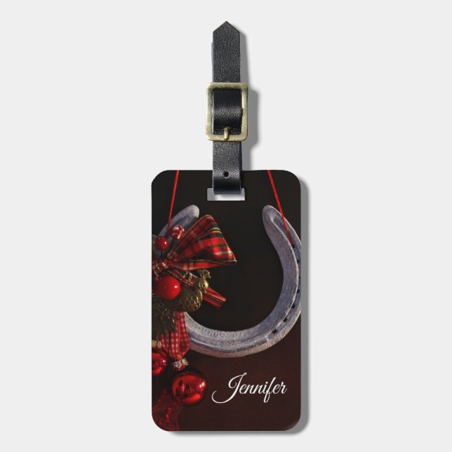 Ekvestrian jul Hanging Horseshoe Photo Bagagebricka (Vertikal Framsida)