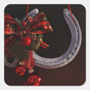 Ekvestrian jul Hanging Horseshoe Photo Fyrkantigt Klistermärke