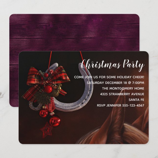 Ekvestrian jul Hanging Horseshoe Photo Inbjudningar (Fram/baksida)