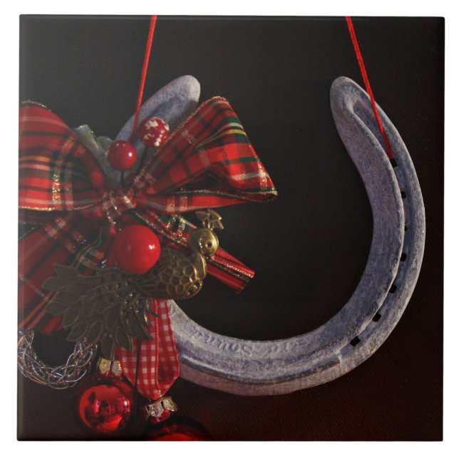 Ekvestrian jul Hanging Horseshoe Photo Kakelplatta (Framsidan)