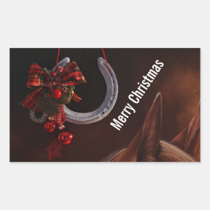 Ekvestrian jul Hanging Horseshoe Photo Rektangulärt Klistermärke