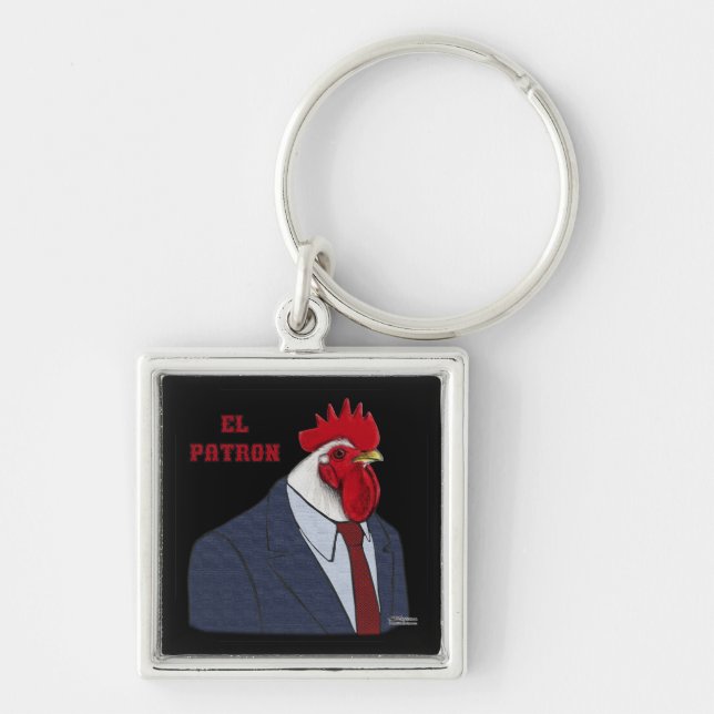 El Gallo Patron Fyrkantig Silverfärgad Nyckelring (Framsidan)