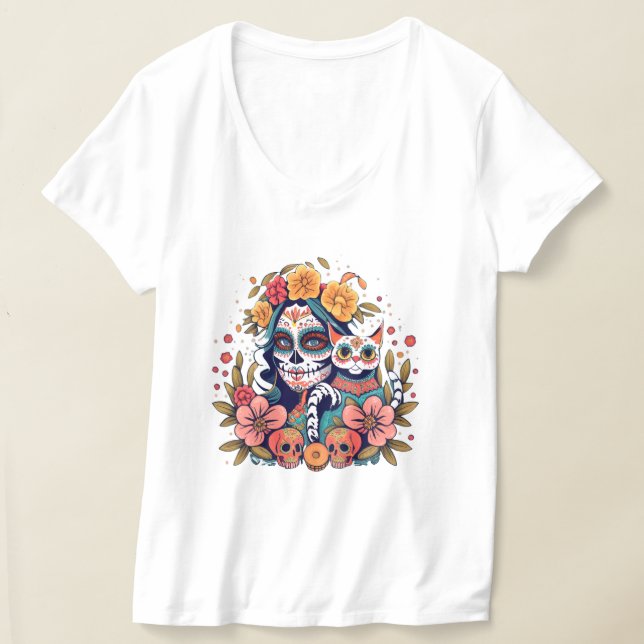 El Gato Catrina: Kattdjuret Dia de los Muertos Fus T Shirt (Laydown)