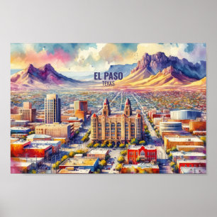 El Paso Texas Berömd Travel Ställe vattenfärg Poster