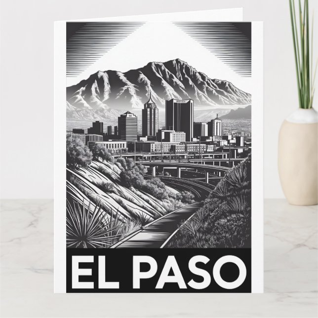 El Paso Texas Siluett Svart Vitt Träsnitt Kort (Framsida)