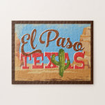 El Paso Texas Tecknad Desert Vintage resor Pussel<br><div class="desc">El Paso Texas neo vintage resor formgivning i lustig tecknad retro stil med öknen,  en kaktus och sten. Blått,  brunt och rött med grönt.</div>
