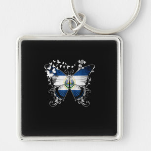 El Salvador Flagga Butterfly Graphic Fyrkantig Silverfärgad Nyckelring