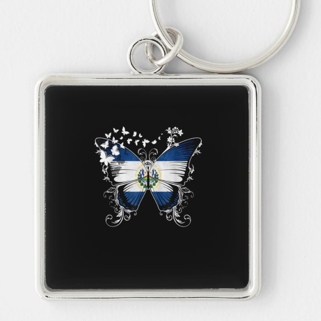 El Salvador Flagga Butterfly Graphic Fyrkantig Silverfärgad Nyckelring (Framsidan)