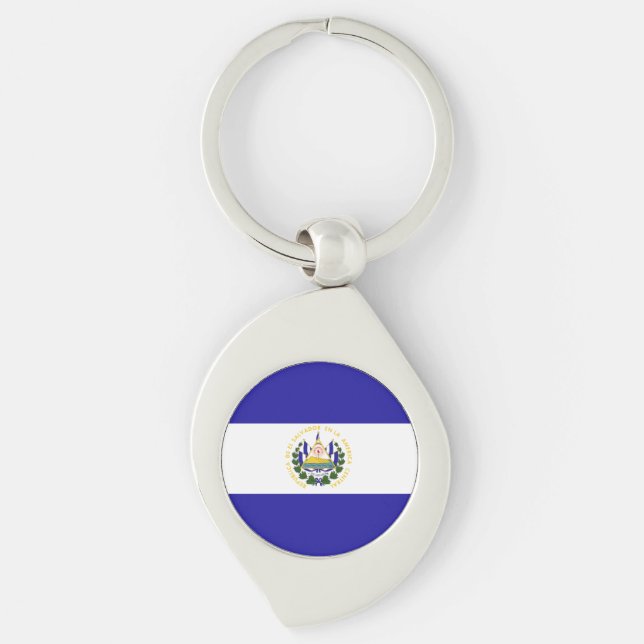 El Salvador flagga Swirl Silverfärgad Nyckelring (Framsidan)