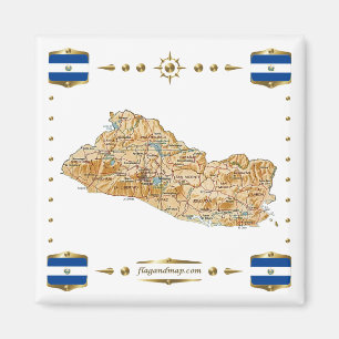 El Salvador Karta + Flaggor Magnet