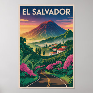 El Salvador Vulkan Illustration Resa Konst Vintag Poster