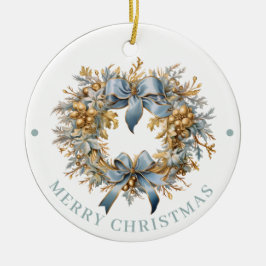 Elaborate Blue and Gold Wreath Merry Christmas  Julgransprydnad Keramik