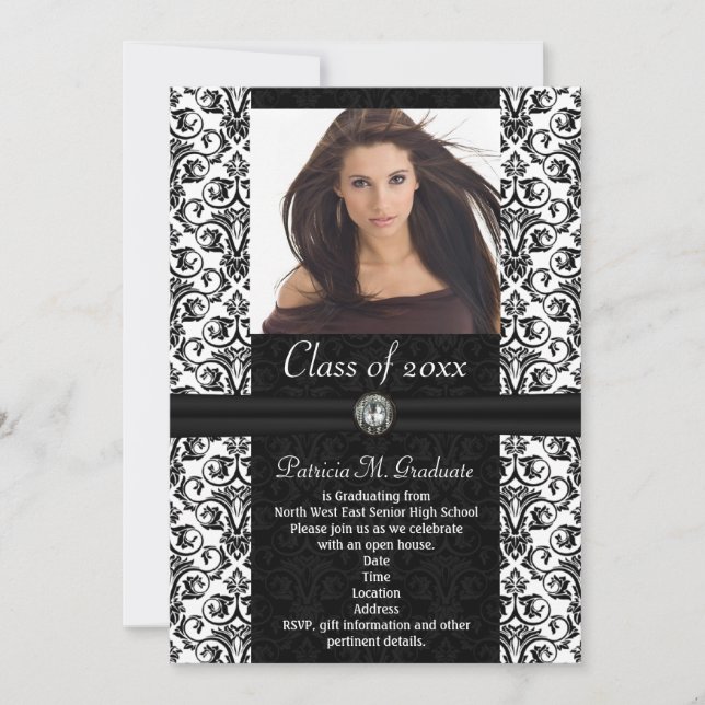Elaborate White|Black Damask Studenten Inbjudningar (Framsida)