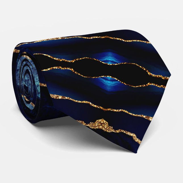 Elagant Neck Tie Agate Navy Blue Guld Marble Slips (Rullad)