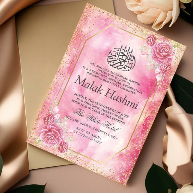 Elagant Rosa Blommigt vattencolor Islamic Aqeeqah Inbjudningar (Skapare uppladdad)