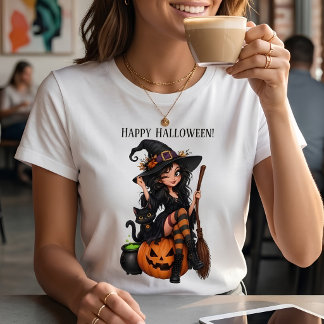 Elak Halloween-häxa Rolig Svart Katt T Shirt