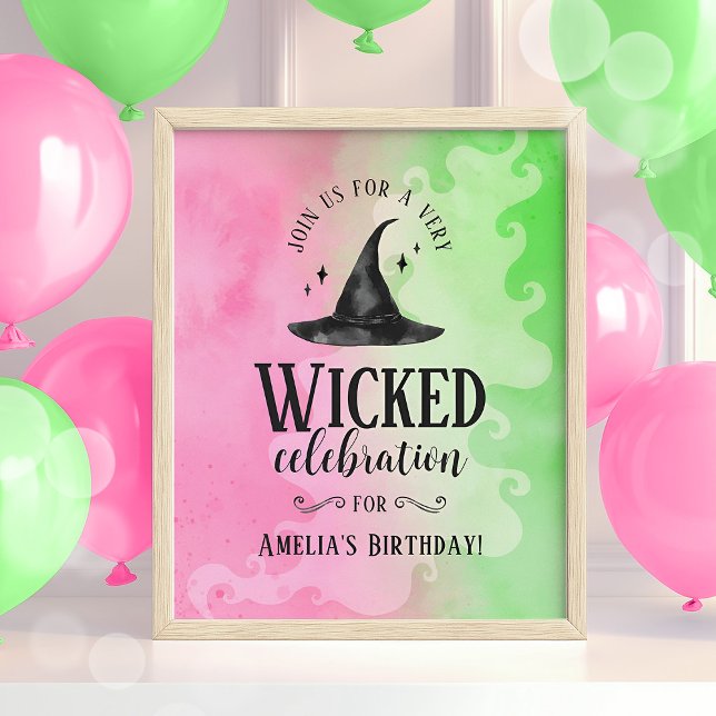 Elakt födelsedagsfestaffisch – Rosa & Grön Häxa  Poster (Wicked Birthday Poster)