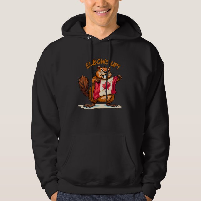 Elbows UP, Beaver, Canada Flagga Maple Löv Hoodie (Framsida)