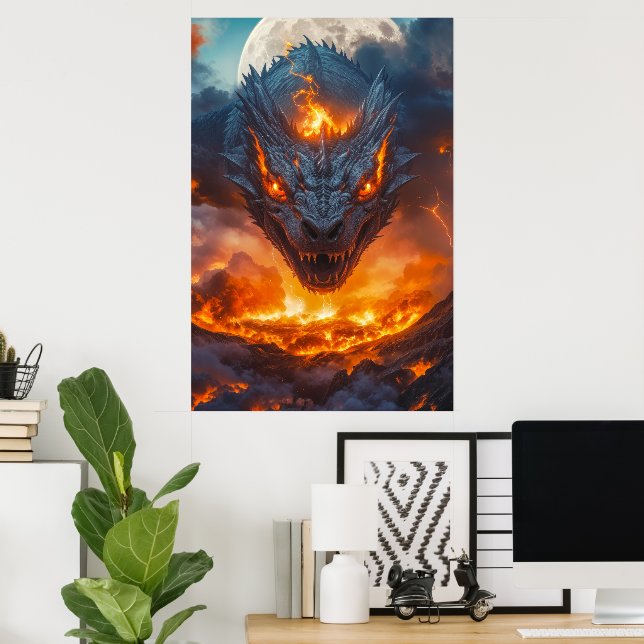 Eld-drake under fullmåne fantasin poster (Hemmakontoret)