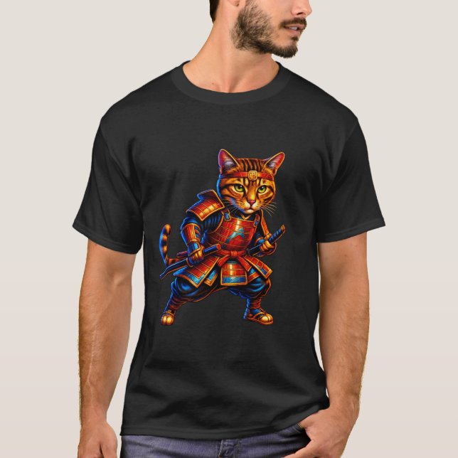 Eld Samuraj Katt T-Shirt – Röd & Guld Feline Kriga (Framsida)
