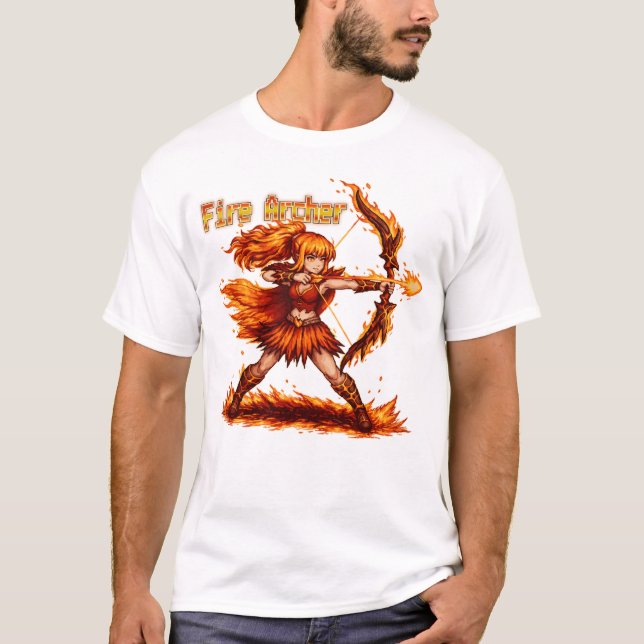 Eldbågspjäs Pixel Art RPG Fantasy Flamma Krigare T Shirt (Framsida)