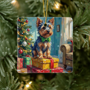 Elddopad australisk terrier kung över julklappar julgransprydnad keramik