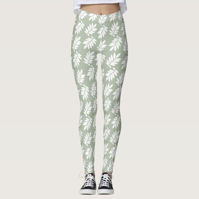Elder Leaf Pattern White on Green Leggings (Framsida)