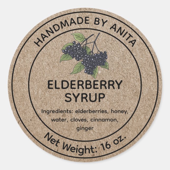 Elderberry Syrup Sylt Burk etikett Kraft Papprare  (Framsida)