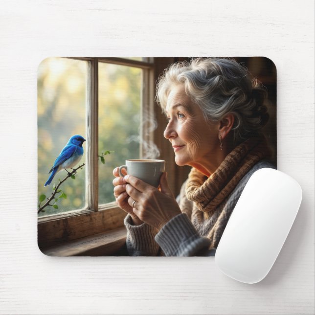 Elderly Woman Watching a Bluebird Musmatta (Med mus)