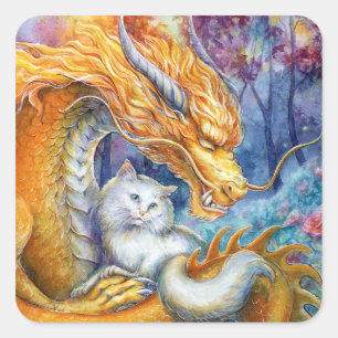 Eldig drake och vit katt i mystisk skog fyrkantigt klistermärke