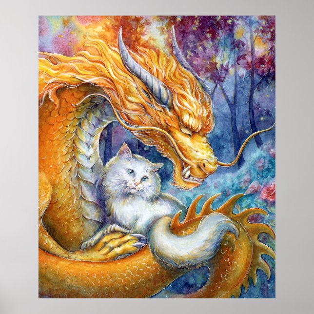 Eldig drake & vit katt i skogs akvarellkonst poster (Framsidan)