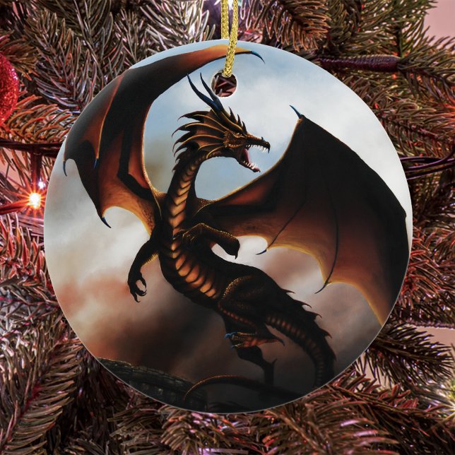Eldig fantasydrake i bärnstensfärg julgransprydnad keramik (Skapare uppladdad)