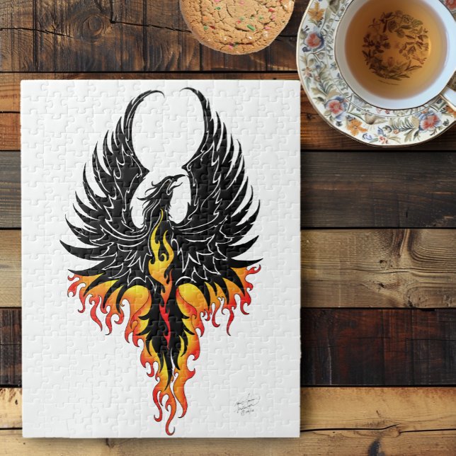 Eldig Fenix Uppstigande Eldsfågel Svart Tribal Fla Pussel (Skapare uppladdad)