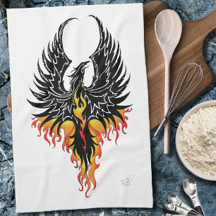 Eldig Fenix Uppstigande Eldsfågel Svarta Stamtavlo Kökshandduk