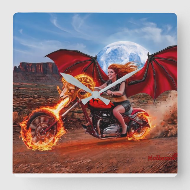 Eldig Foxella Vampire Biker Babe Fyrkantig Klocka (Framsida)