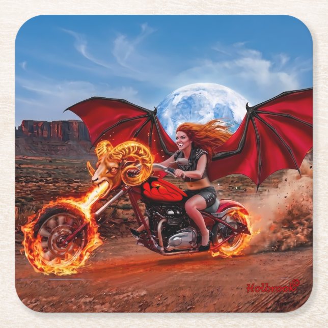 Eldig Foxella Vampire Biker Babe Underlägg Papper Kvadrat (Framsidan)
