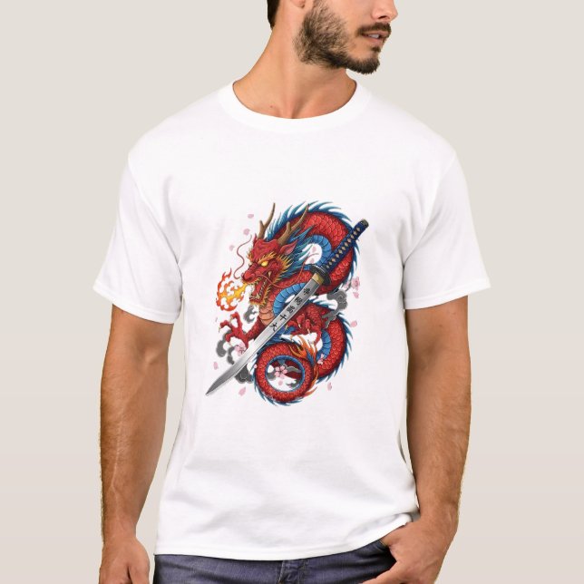 Eldig Samuraj-drake – Japansk Katana t-shirt (Framsida)