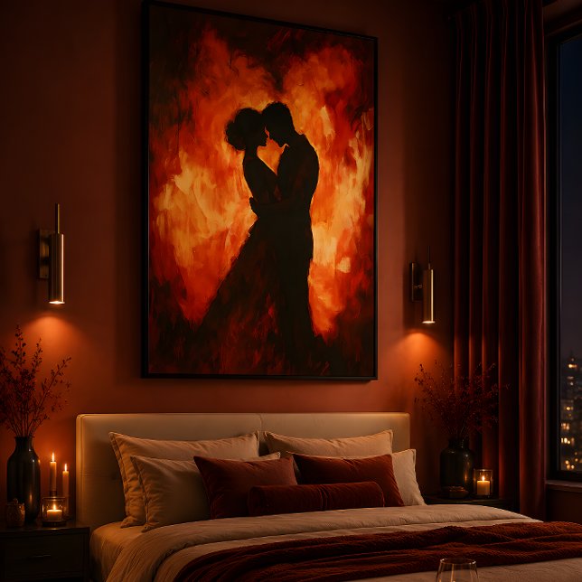 Eldig silhuett av romantisk paraffisch Poster (Transform your bedroom with this dramatic romantic fire inspired couple wall art print.)