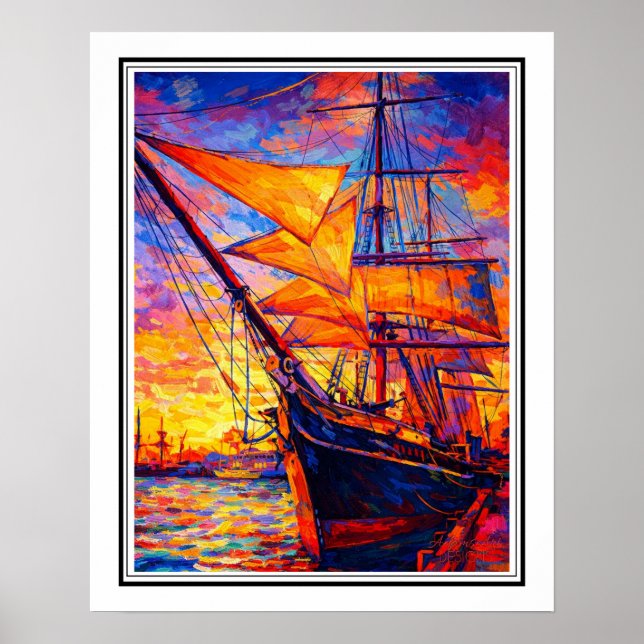 Eldig solnedgång Tall Ship – Färgrik Impressionist Poster (Framsidan)